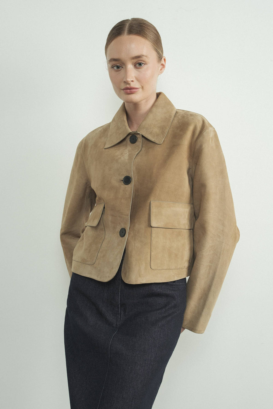 Faux Suede Collared Short Jacket by Aaron & Amber