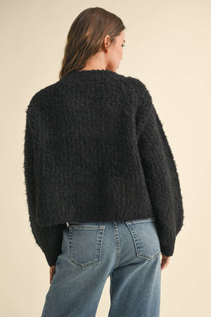 Round-neck Button Front Sweater Cardigan in Black