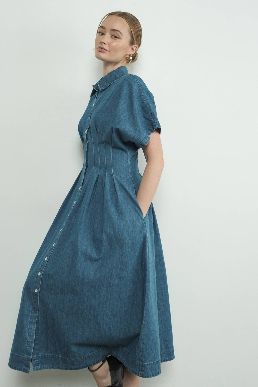 Button Front Pleated Shirts Midi Dress by Aaron & Amber