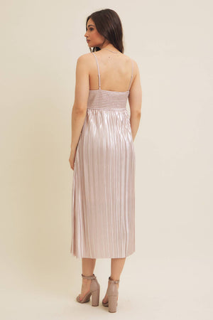 Shiny Metallic Pleated Midi Dress with Smocked Back