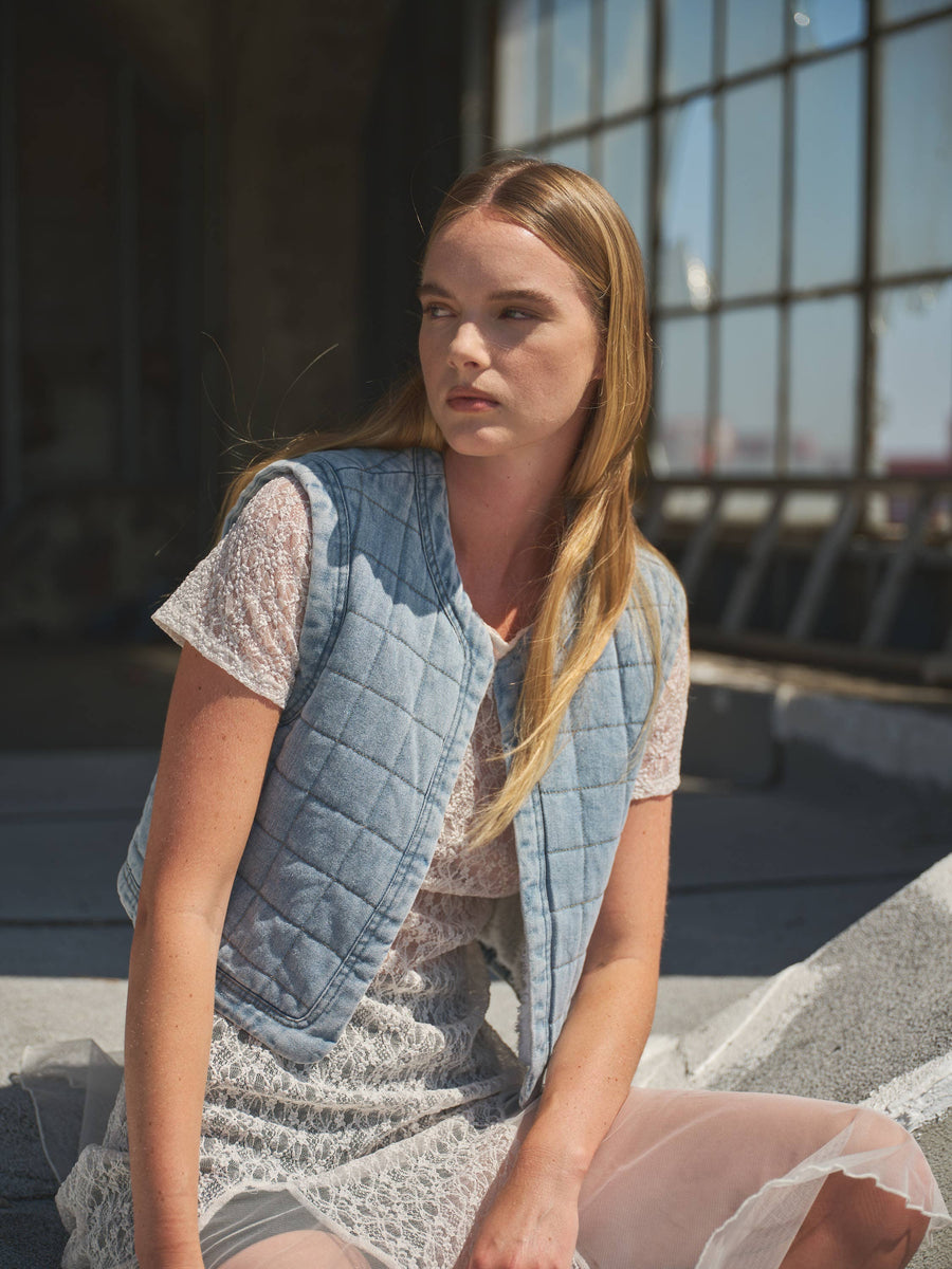 Quilted Sherpa Lining Denim Washed Vest by Aaron & Amber