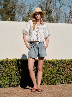 Embroidered Bowtie Top with Puff Sleeves by Aaron & Amber