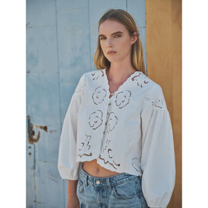 Denim Embroidery Volume Sleeve Blouse Top by Aaron & Amber