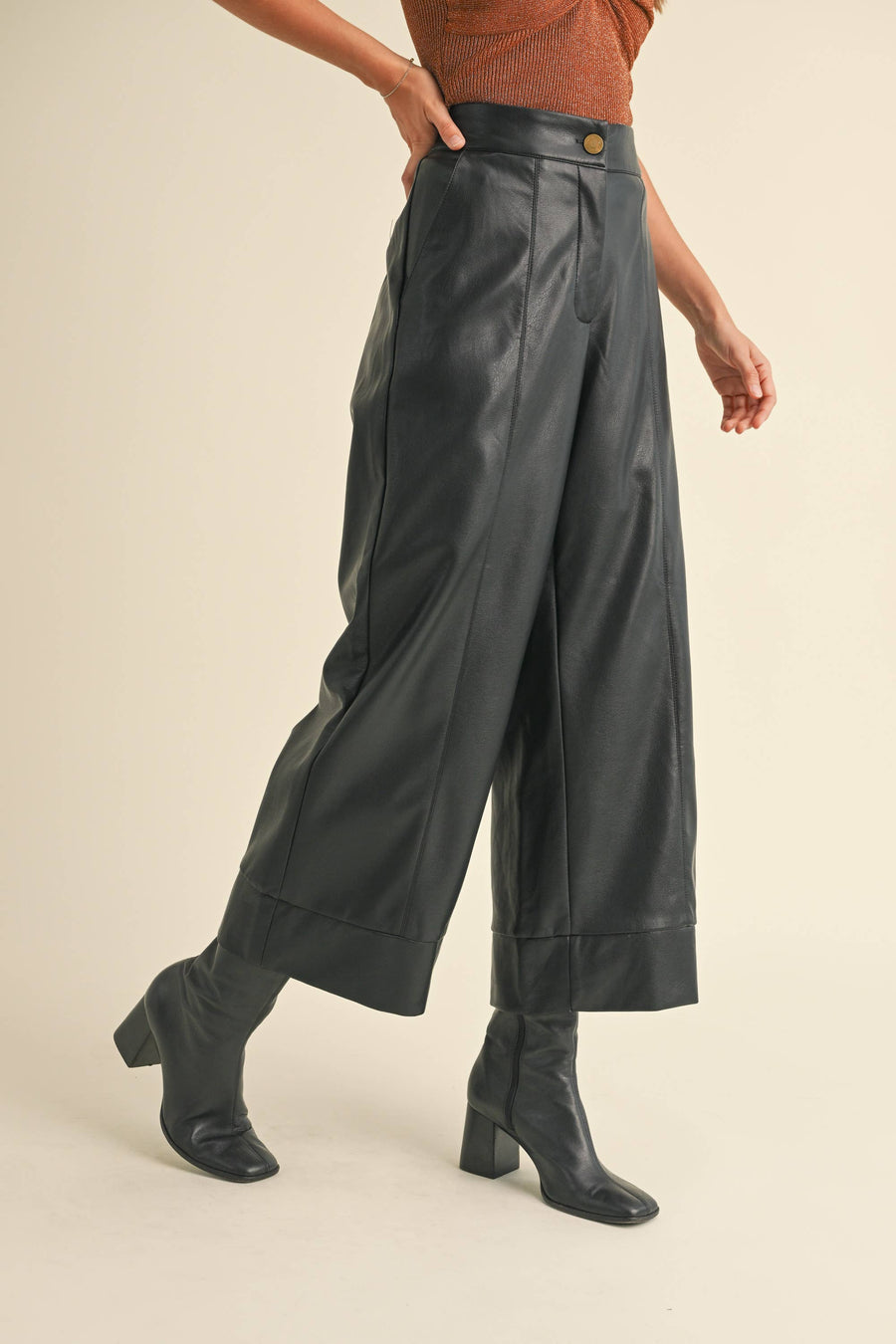 Pu Wide Straight Leg Pants in Black