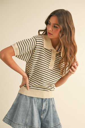 Striped Button Front Short Sleeve Knitted Top