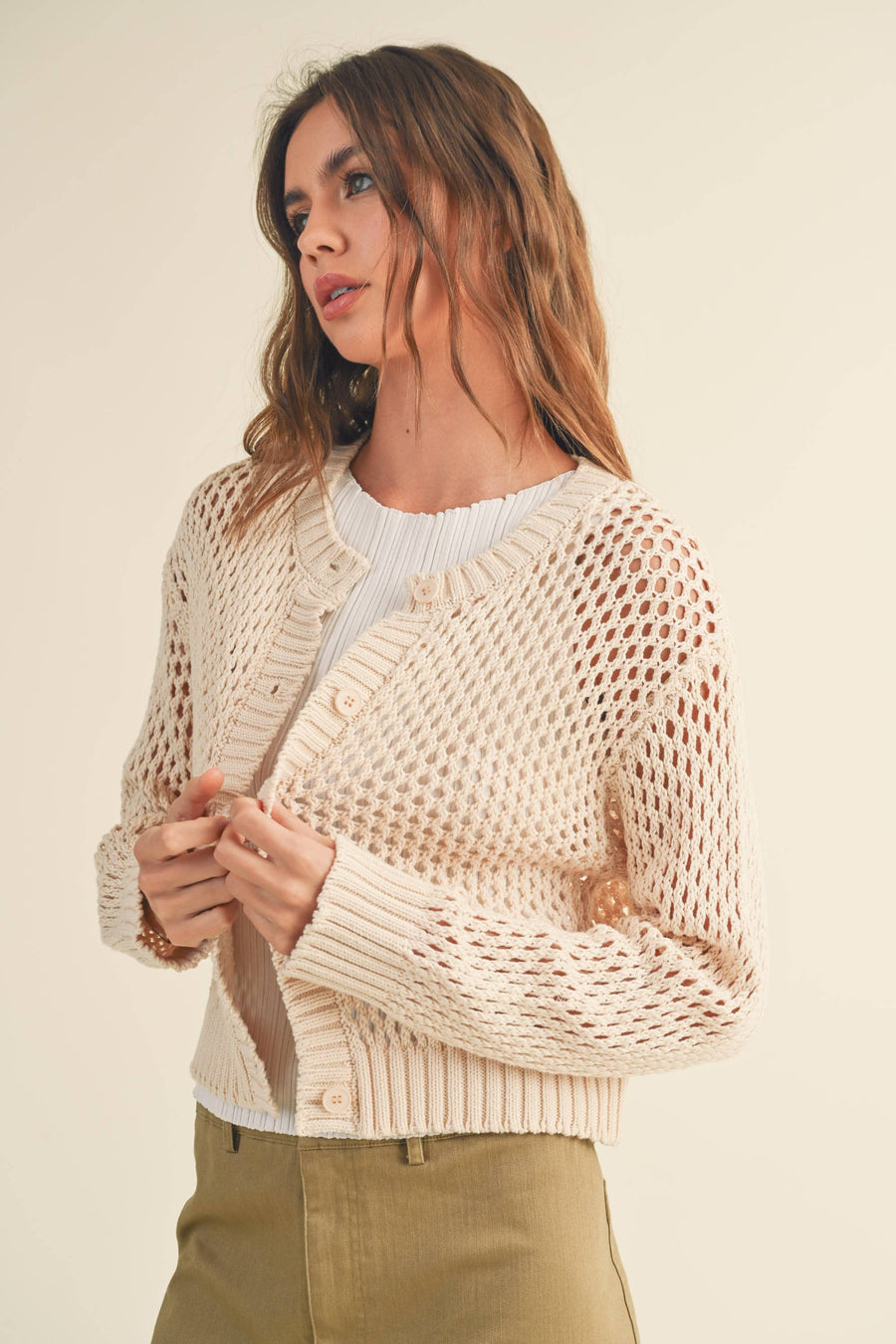 Crochet Knitted Button-down Cardigan in Beige