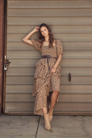 Victorian Floral Smocked Maxi Dress with Puff Sleeves and Ruffles