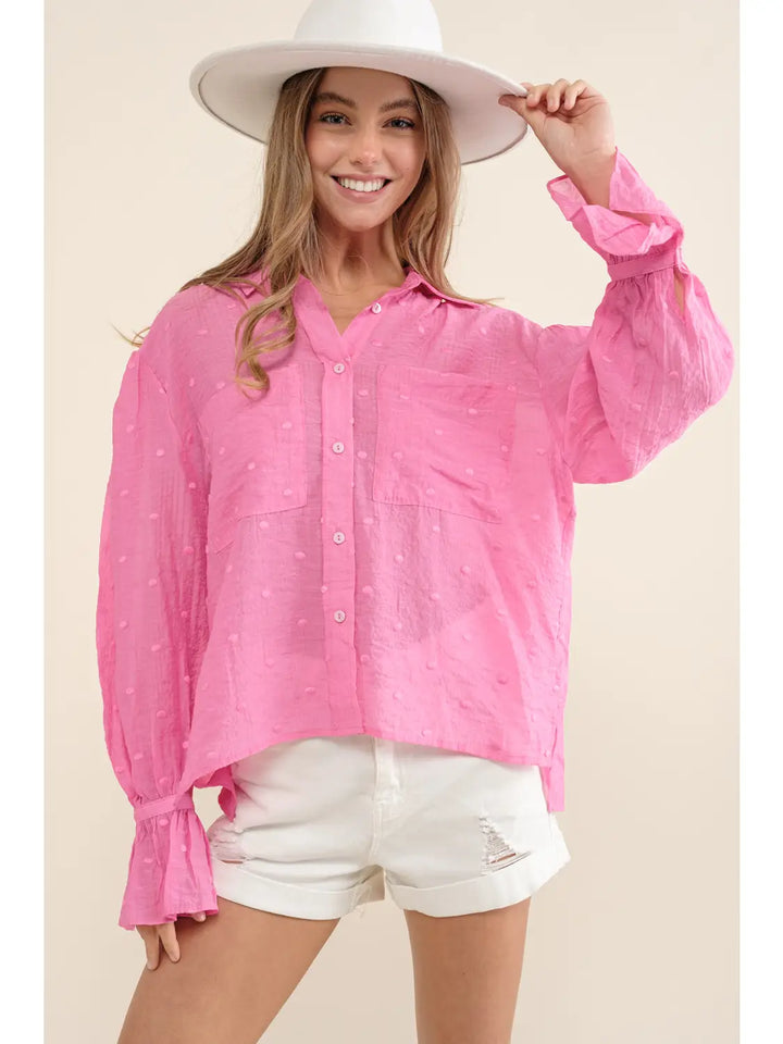 Ruffle Button Up Shirt in Hot Pink