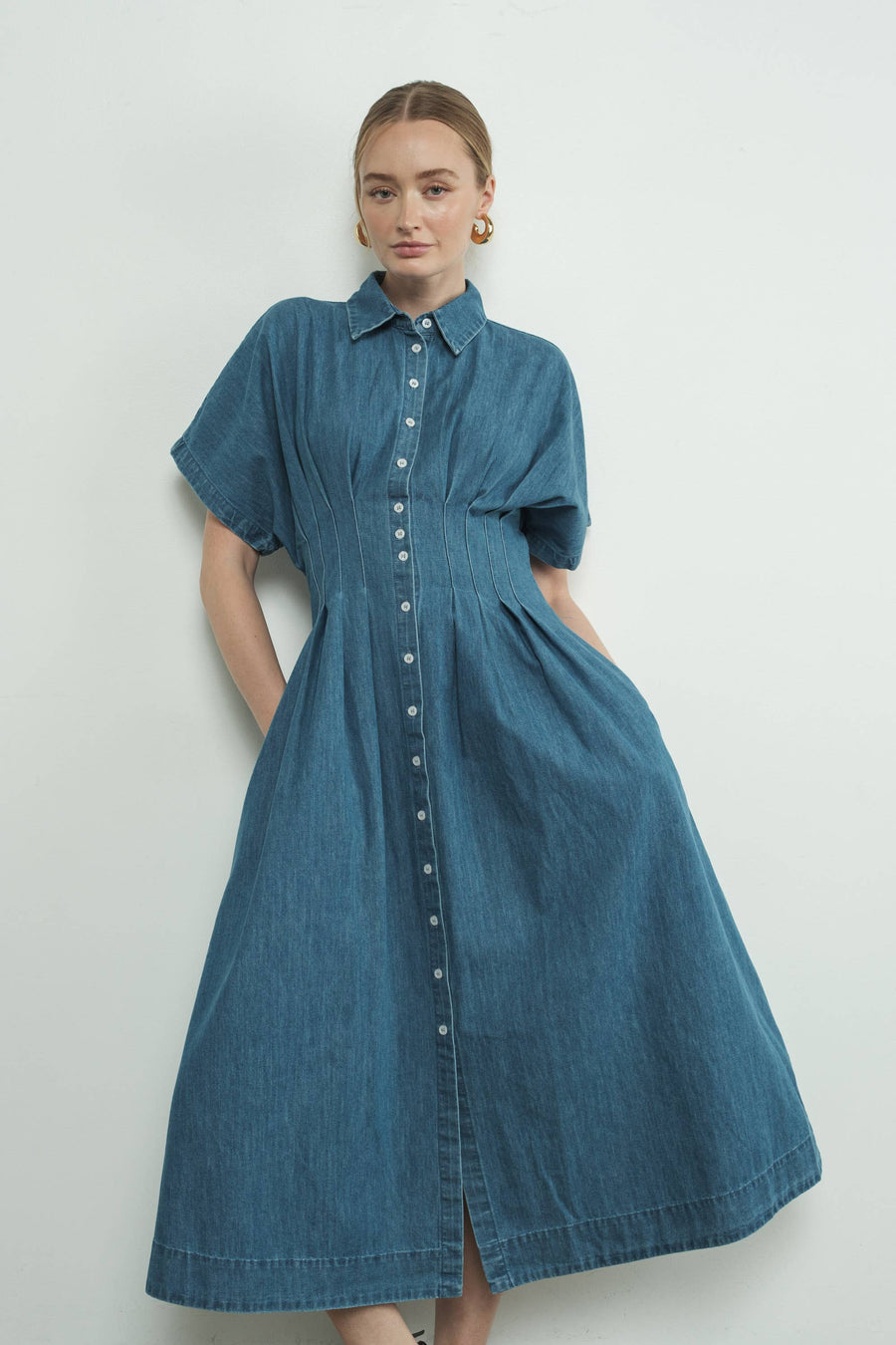 Button Front Pleated Shirts Midi Dress by Aaron & Amber