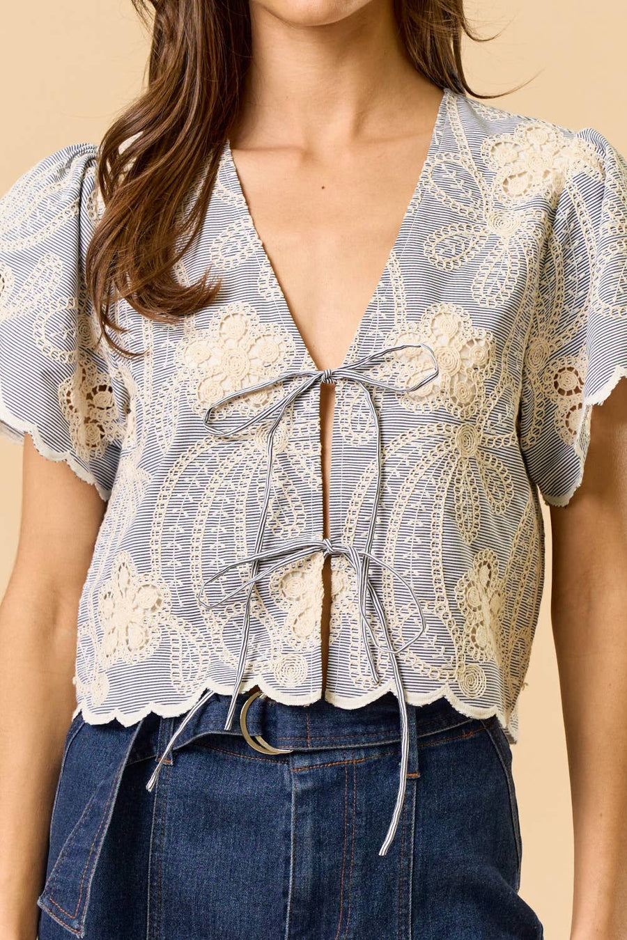 Floral Embroidery Scalloped Trim Top
