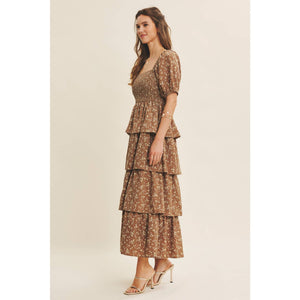 Victorian Floral Smocked Maxi Dress with Puff Sleeves and Ruffles