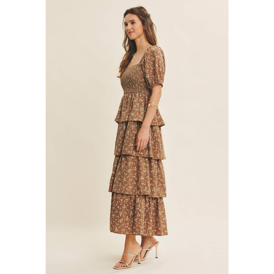 Victorian Floral Smocked Maxi Dress with Puff Sleeves and Ruffles
