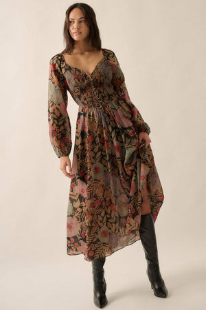 Floral Smocked Button-Front Peasant Maxi Dress in Black