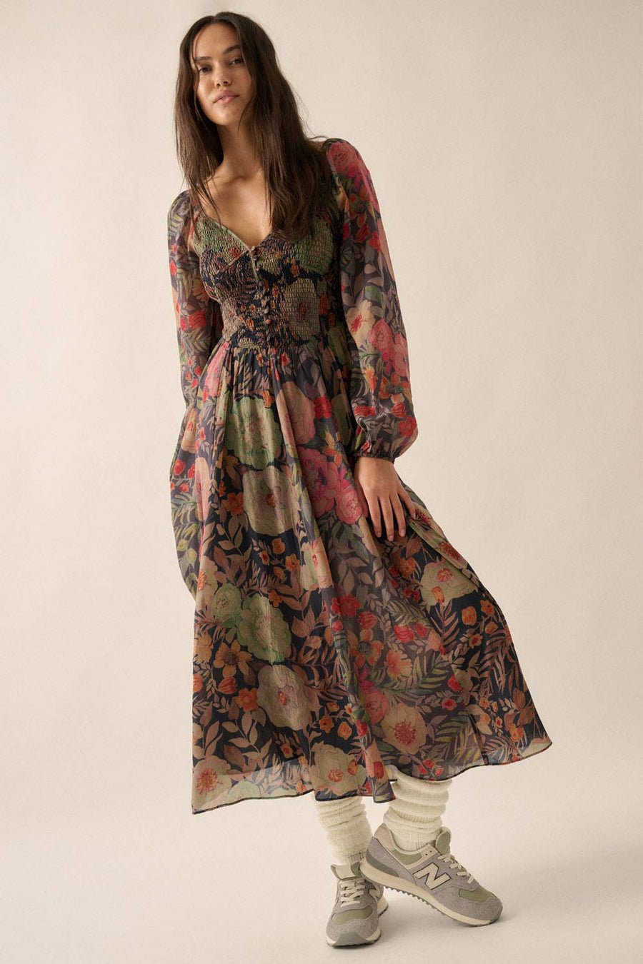 Floral Smocked Button-Front Peasant Maxi Dress in Black