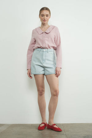 Checked Ruffle Edge Collar Buttondown Blouse by Aaron & Amber