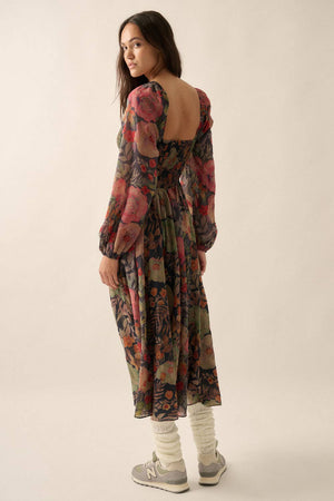 Floral Smocked Button-Front Peasant Maxi Dress in Black