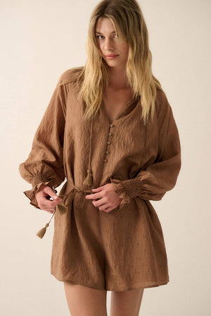 Solid Jacquard Belted Button-Front Romper in Taupe