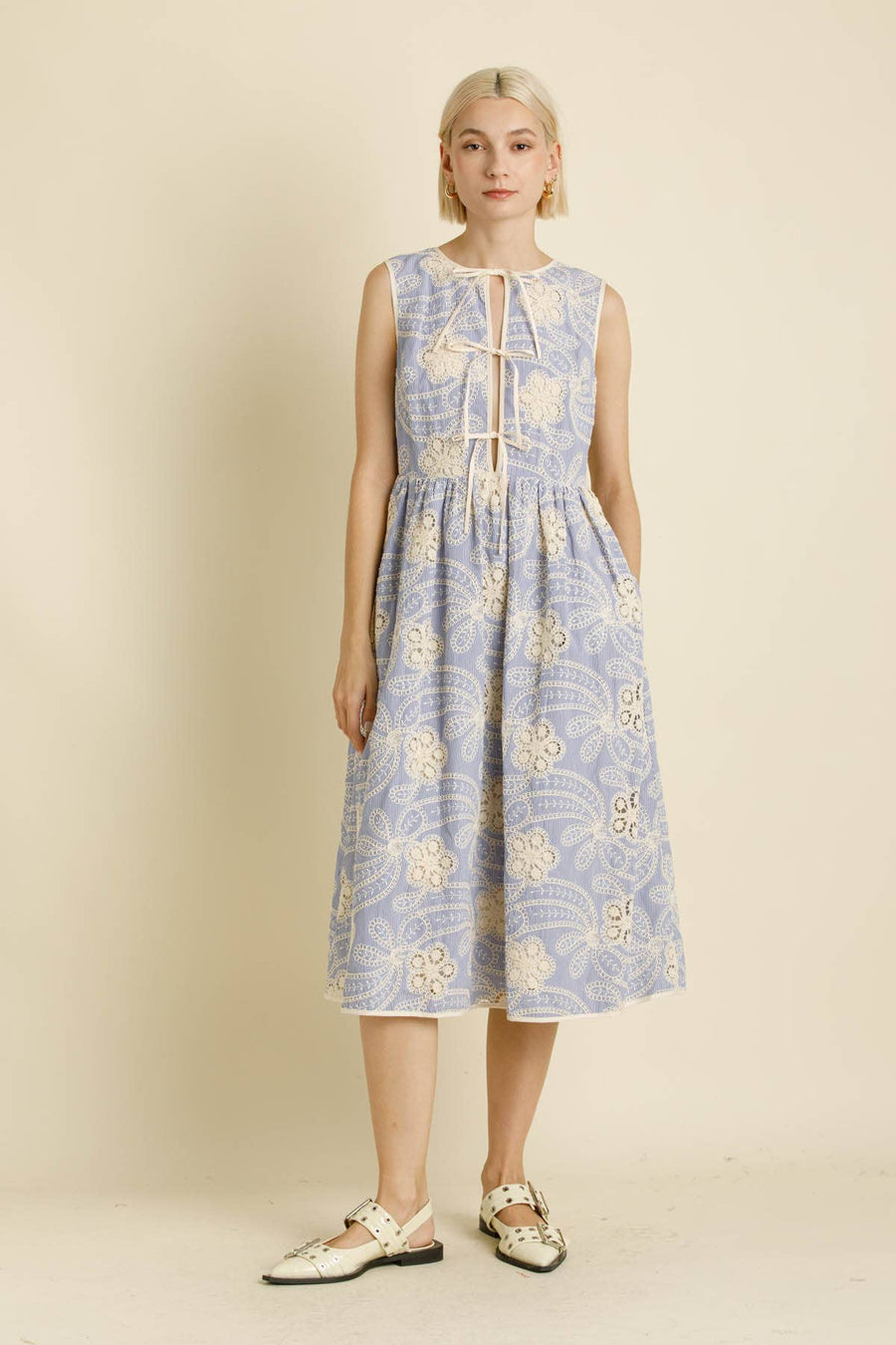Embroidered Striped Midi Dress
