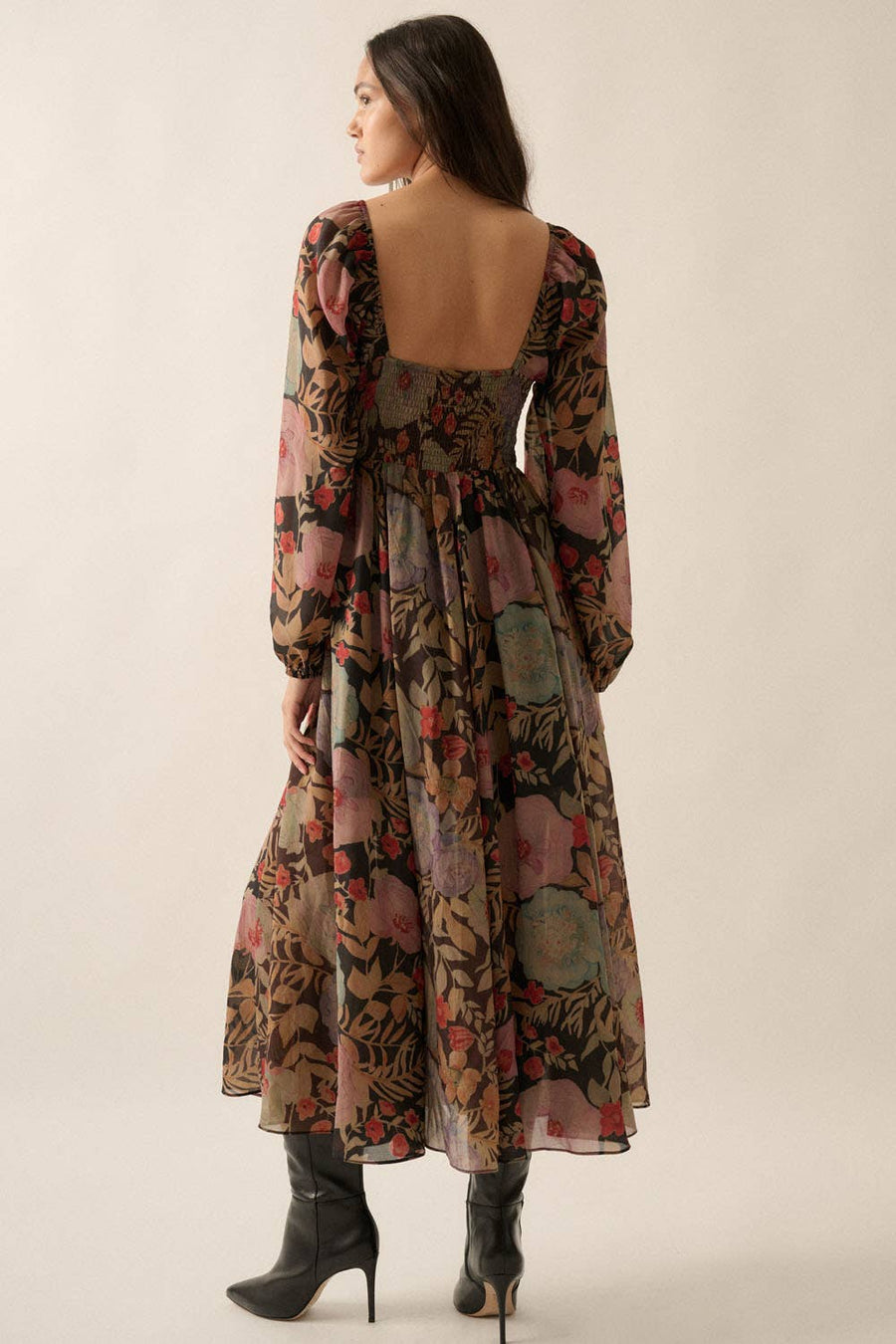 Floral Smocked Button-Front Peasant Maxi Dress in Black