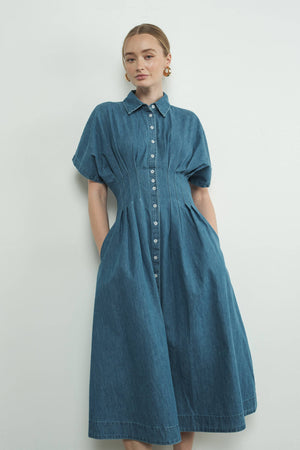 Button Front Pleated Shirts Midi Dress by Aaron & Amber