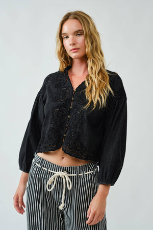 Denim Embroidery Volume Sleeve Blouse Top by Aaron & Amber