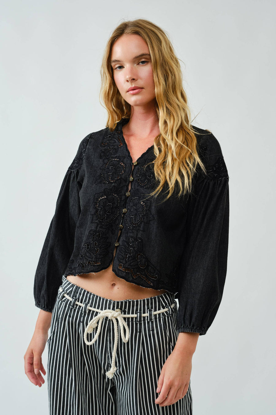Denim Embroidery Volume Sleeve Blouse Top by Aaron & Amber