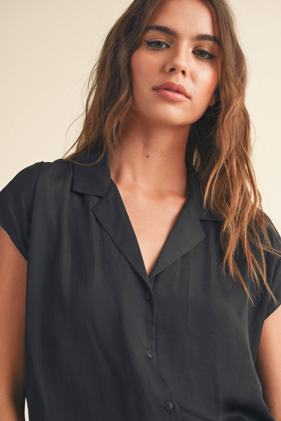 Button Down Cap Sleeve Shirt in Black