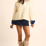 Rib-Knit and Denim Layered-Look Split-neck Collared Sweater