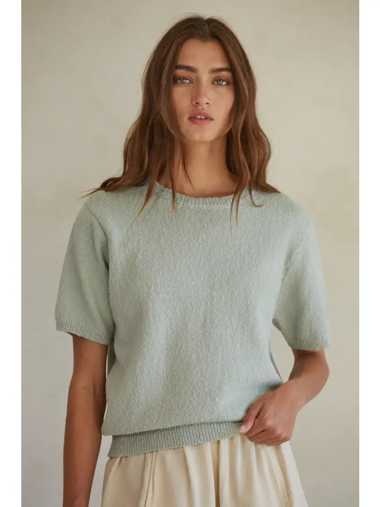 Short Sleeve Knit Sweater in Aqua Grey
