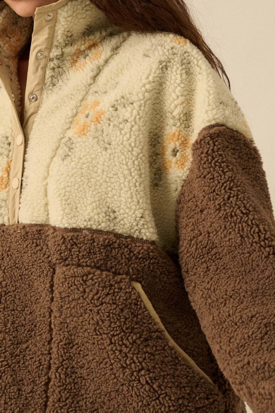 Colorblock Sherpa Fleece Half-Snap Pullover Jacket