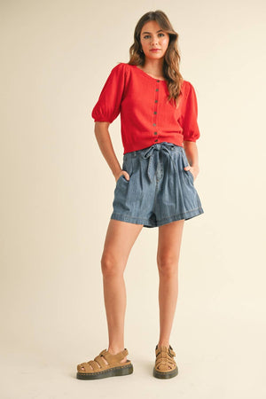 Puff Short Sleeve Button Down Knit Cardigan