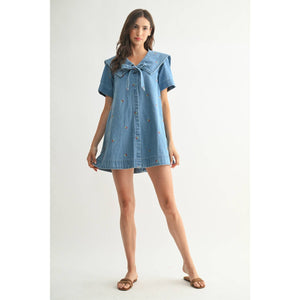 Stylish Denim Dress with Embroidery Cherries