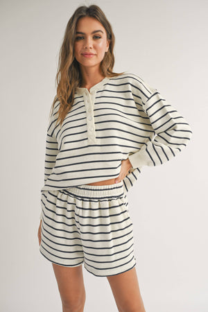 Striped Terry Fabric Half Button Top in Navy Stripe