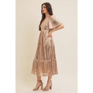 Sparkling Long Sleeved Sequin Midi Dress