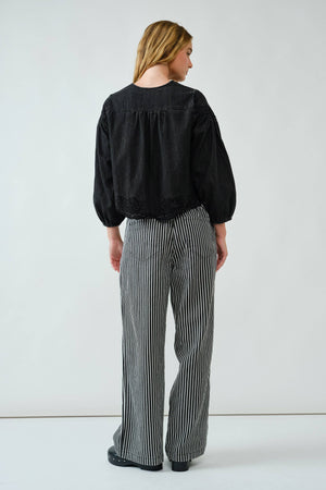 Denim Embroidery Volume Sleeve Blouse Top by Aaron & Amber