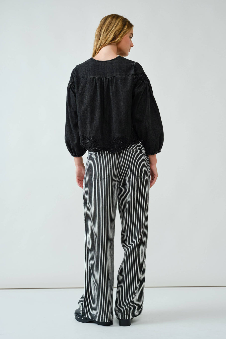 Denim Embroidery Volume Sleeve Blouse Top by Aaron & Amber