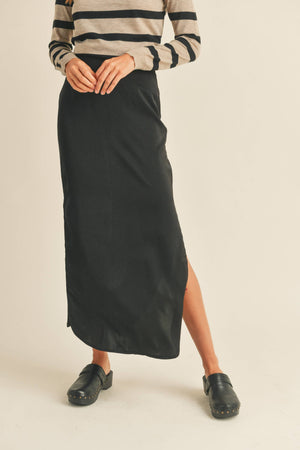 Satin Side Slit Skirt in Black