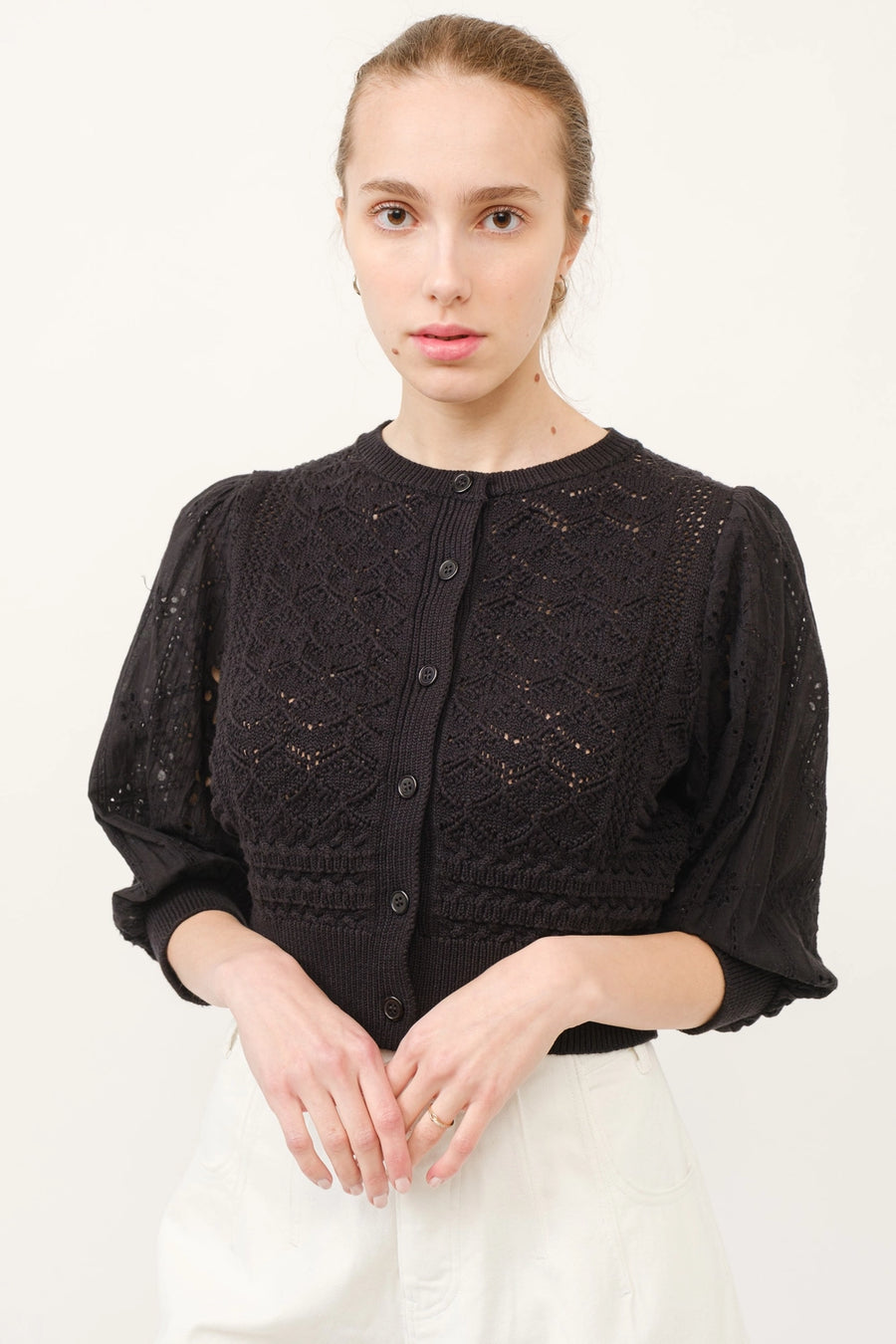 Hendry 3/4 Sleeve See Through Cardigan in Black