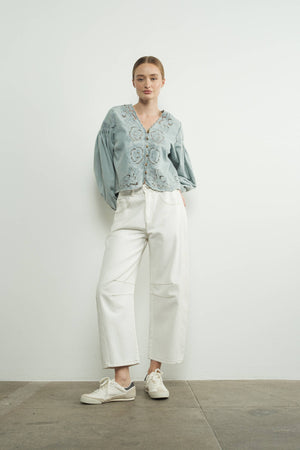 Denim Embroidery Volume Sleeve Blouse Top by Aaron & Amber