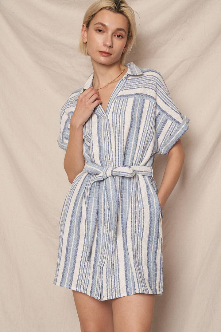 Striped Jacquard Button Down Mini Shirt Dress