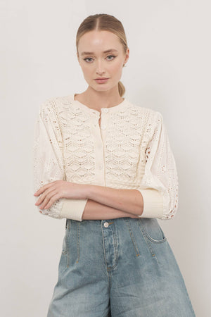 Hendry 3/4 Sleeve See Through Cardigan in Cream