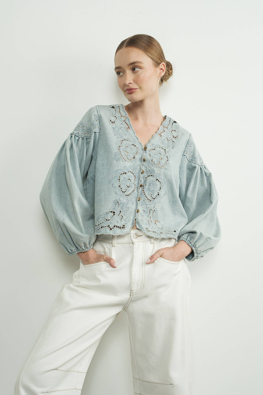 Denim Embroidery Volume Sleeve Blouse Top by Aaron & Amber