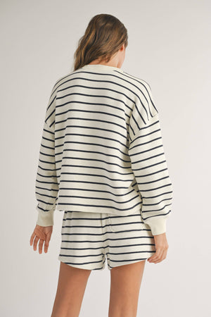 Striped Terry Fabric Half Button Top in Navy Stripe