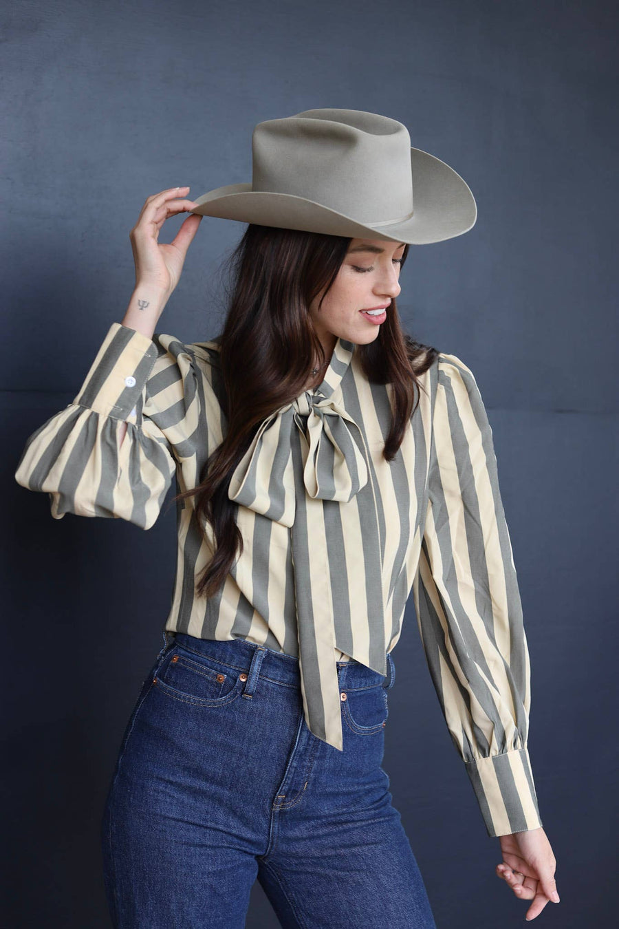 Brown and Tan Stripe Bowtie Blouse