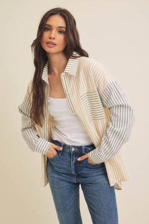 Relaxed Fit Hi Lo Color Block Mixed Stripe Button Down Shirt