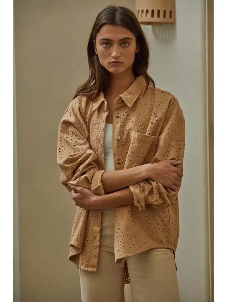 Donny Eyelet Shacket in Camel by By Together