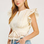Eyelet Lace Trim Flutter Sleeve Peplum Top