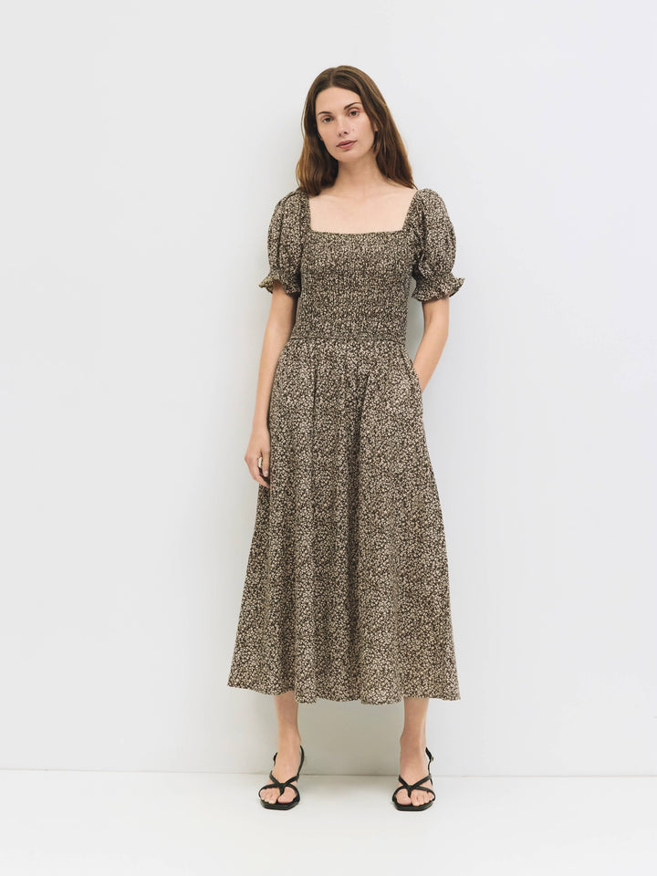 The Harleen Dress | Smocked Floral Midi Dress by All Row