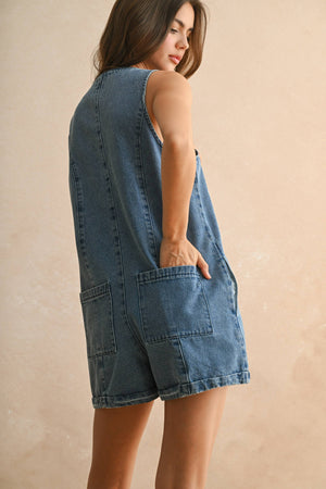 Button Front Sleeveless Denim Romper