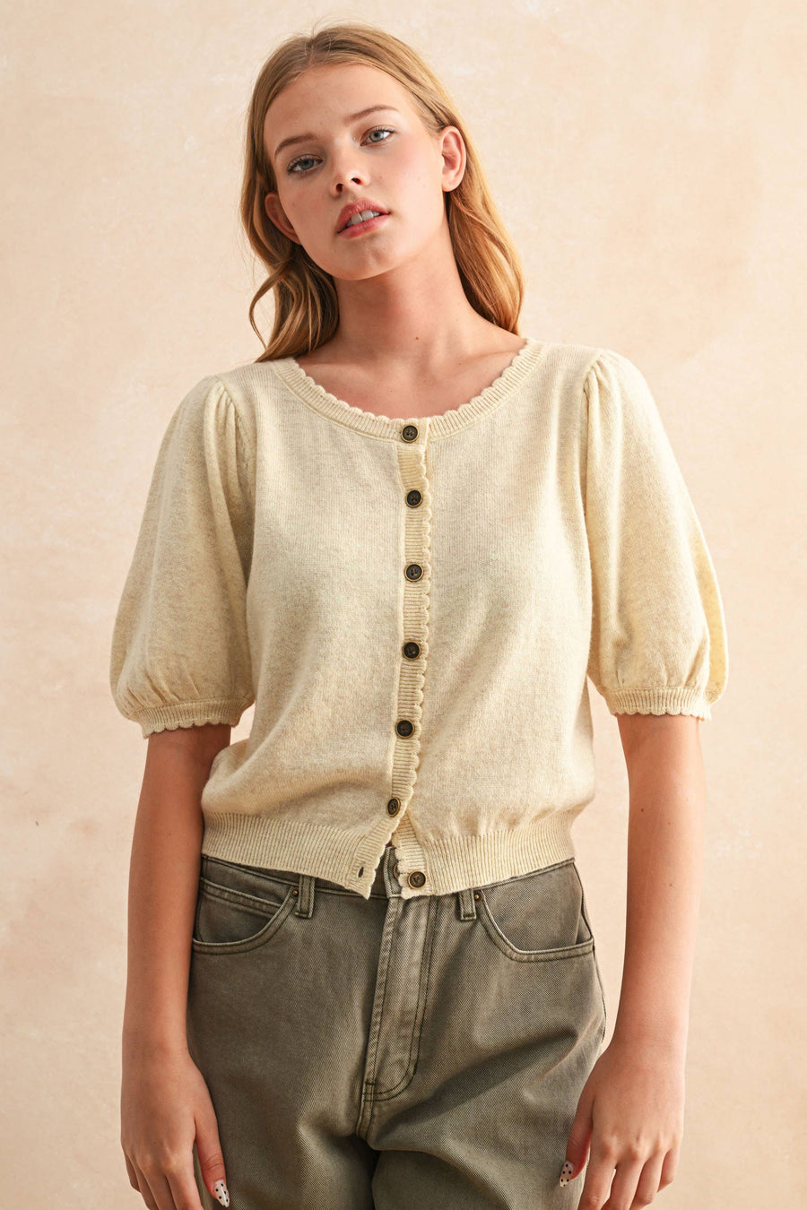 Puff Short Sleeve Button Down Knit Cardigan